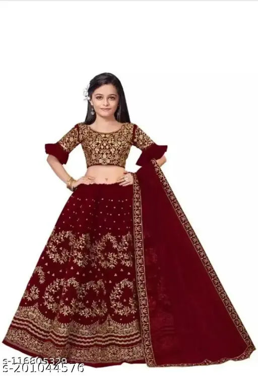 Embroidered velvet lehenga choli set with net dupatta, Indian traditional girls' partywear clothing