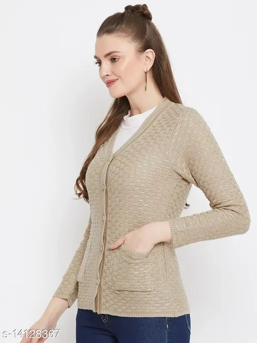 Zigo beige wool cardigan sweater, self-design knitted pattern, long sleeves on mannequin