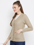 Zigo beige wool cardigan sweater, self-design knitted pattern, long sleeves on mannequin