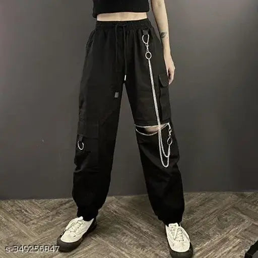 Cotton cargo pants with knee zippers & waist chains, solid color, women's comfortable pants with spacious pockets for everyday wear or outdoor adventures (size 26/28in, 28in, 30in, 32in, 34in) - made in India