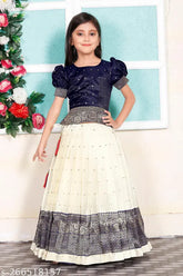 Girls traditional cotton silk Pattu Pavadai Lehenga Choli set for kids, embellished top with short sleeves and zari stitch lehenga, stitched net material, sizes 12-10 years, made in India