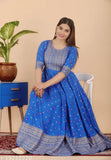 Blue rayon border block gold printed Anarkali kurti dress - Traditional Indian garment, long full length, fitted bodice, flared silhouette