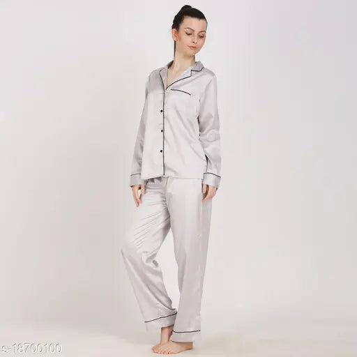 Solid silver women's satin loungewear set - Pretty Loving Thing pyjama & shirt, long sleeves, XS-XXL