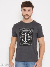 Charcoal printed cotton blend men's t-shirt with half sleeves, round neck. Popular Indian fashion for men, size N available