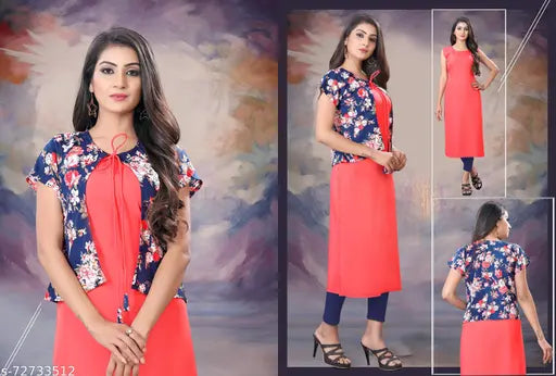 Checked ethnic kurti with three-quarter sleeves, made of 100% poly crepe. Available in various sizes and multicolor shrug, made by GORASIYA TRD in India." (95 characters)