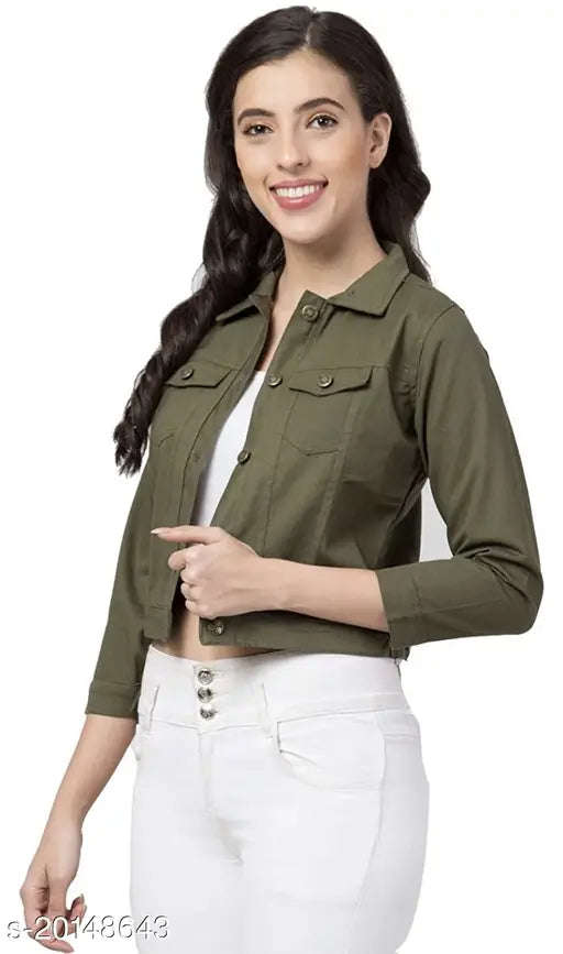 Trendy denim twill lycra jacket for women, solid pattern, three-quarter sleeves, available in sizes S-XL from India