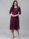 Wine rayon women's kurta, three-quarter sleeves, self-design, round neck, solid color - Indian export fashion