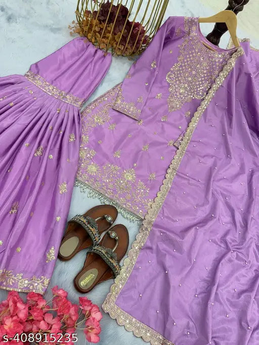 Pure Chinon silk top-plazzo and dupatta set with sequence work, featuring three-quarter sleeves, full stitched, 900gm, XL/XXL, from India