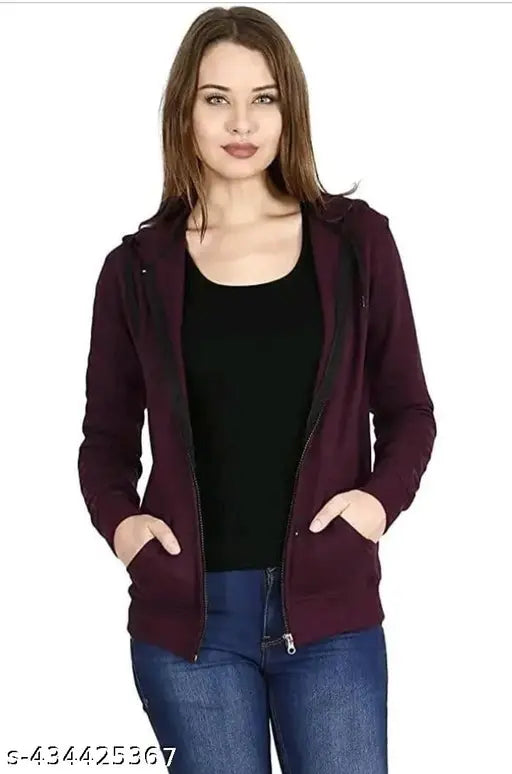 Indian-made stylish fleece wine plane zipper hoodie in solid color, long sleeves for women