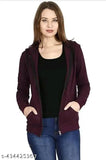 Indian-made stylish fleece wine plane zipper hoodie in solid color, long sleeves for women