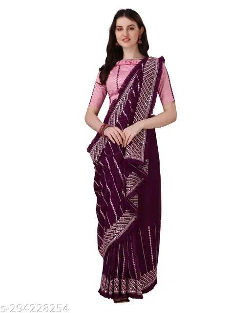 Embroidered Georgette Bollywood-style women's saree with satin silk blouse, free size