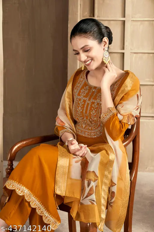 Silk-blend embroidered Chinon Kurta set with dupatta and pants, featuring mustard, purple, wine, and rust colors for women's festive or casual wear. Pack of 3 sizes S to XXL