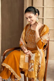 Silk-blend embroidered Chinon Kurta set with dupatta and pants, featuring mustard, purple, wine, and rust colors for women's festive or casual wear. Pack of 3 sizes S to XXL