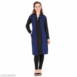 Solid blue woolen women's shrug kurti with embroidery, three-quarter sleeves, Indian handcrafted fashion accessory