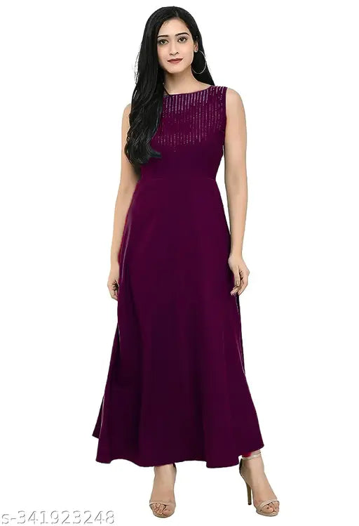 Purple crepe maxi dress, women's solid long design featuring Siroski work from India