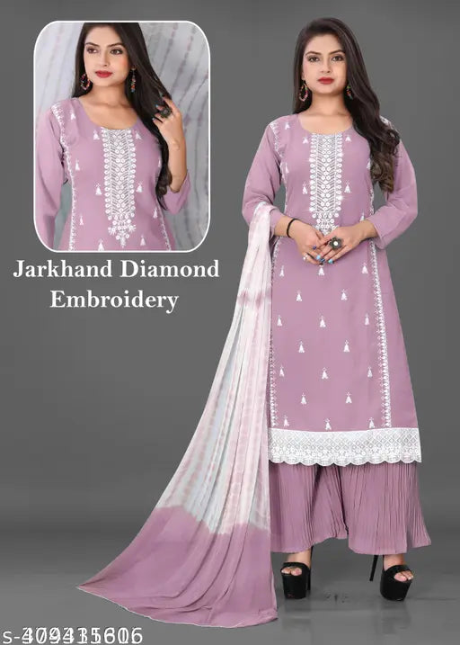 Stylish Diamond Embroidery Viscose Rayon Kurta Sharara and Dupatta set, Pack of 3. Solid-stitched, three-quarter sleeve, festive wear. 4XL size, India origin