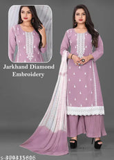 Stylish Diamond Embroidery Viscose Rayon Kurta Sharara and Dupatta set, Pack of 3. Solid-stitched, three-quarter sleeve, festive wear. 4XL size, India origin