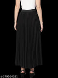 Women's crepe pleated midi skirt, full length, elastic waist, flared hemline. Indian-made, versatile style for all body types. Premium wrinkle-free fabric, perfect fit sizes 28-Free Size