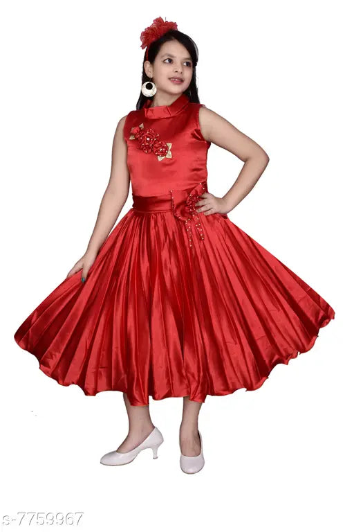 Red satin maxi dress for girls parties, solid pattern, 3-4 years size