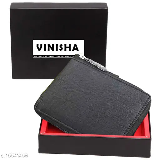 Trendy men's black leather zip wallet, solid design with 2 compartments, free size (11cm x 9cm), Made in India