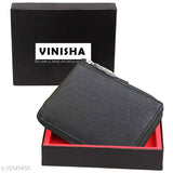 Trendy men's black leather zip wallet, solid design with 2 compartments, free size (11cm x 9cm), Made in India