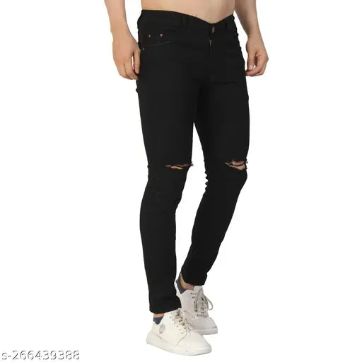 Black polycotton stretchable slim fit distressed men's jeans with knee distressing, comfortable for daily wear and long-lasting use. Made in India