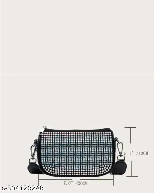 Multicolor shinestone PU cross body bag for girls, embroidered net pattern, one zipper compartment, adjustable strap, coin pouch