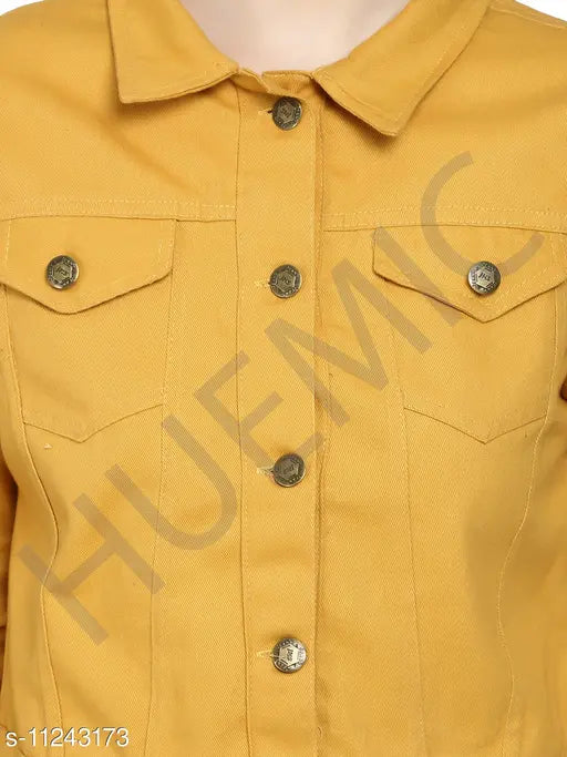 Trendy cotton-blend denim jacket, solid color with long sleeves - size S (Bust 36in, Length 20in, Waist 32in, Shoulder 14in), made in India