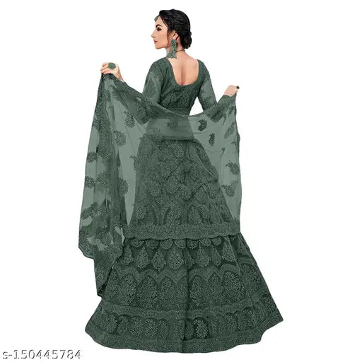 Trendy net embroidered Lehenga Choli for women, semi-stitched (44in waist, 44in length), embellished dupatta included
