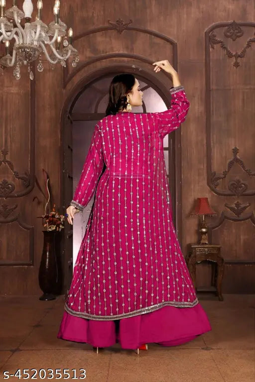 Trendy sequin-embroidered sharara set in Georgette fabric, featuring scallop embroidered blouse & dupatta. Perfect for Indian festive occasions or gatherings