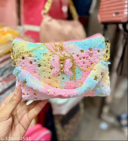 Multicolor fur sling bag, big size with high-quality zips and premium stitching, approx dimensions: 17cm L x 14cm H x 10cm W