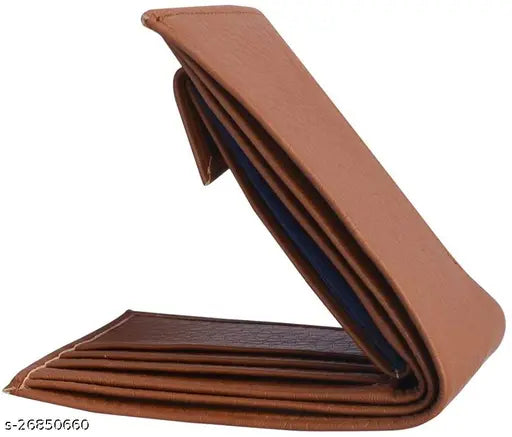 Trendy men's brown PU two-fold wallet, solid design, 2 compartments, free size (9cm x 11cm), India-made wallet for daily use with 8 card slots