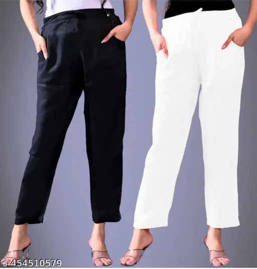 Black and white cotton women's trouser combo set, solid pattern, various sizes