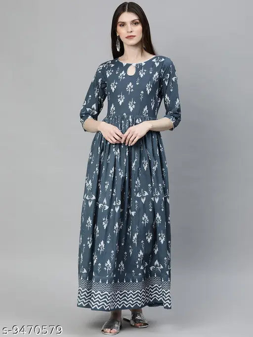 Botanical print cotton kurti for women, three-quarter sleeves, Indian traditional fashion