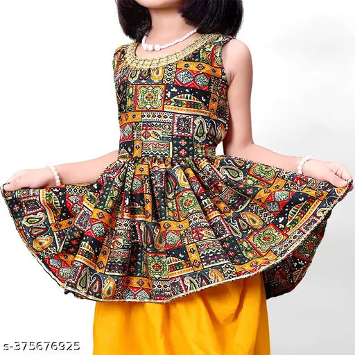 Festive collection pink pants Kurta set for girl, cotton anarkali top with dhoti pants, printed and sleeveless, sizes range from 12-8 years, Indian origin