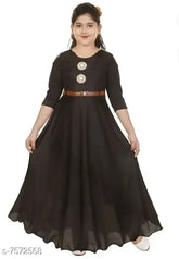 Girls black cotton blend ethnic gown, single pack featuring three-quarter sleeves and solid design for party wear, sizes range from 2-3 years to 9-10 years, Indian origin