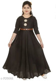 Girls black cotton blend ethnic gown, single pack featuring three-quarter sleeves and solid design for party wear, sizes range from 2-3 years to 9-10 years, Indian origin