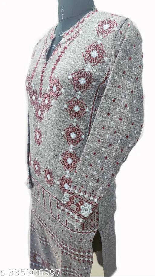 Woolen kurti for women in vibrant print, soft and cozy texture. Ideal for colder seasons, perfect for both casual and semi-formal occasions