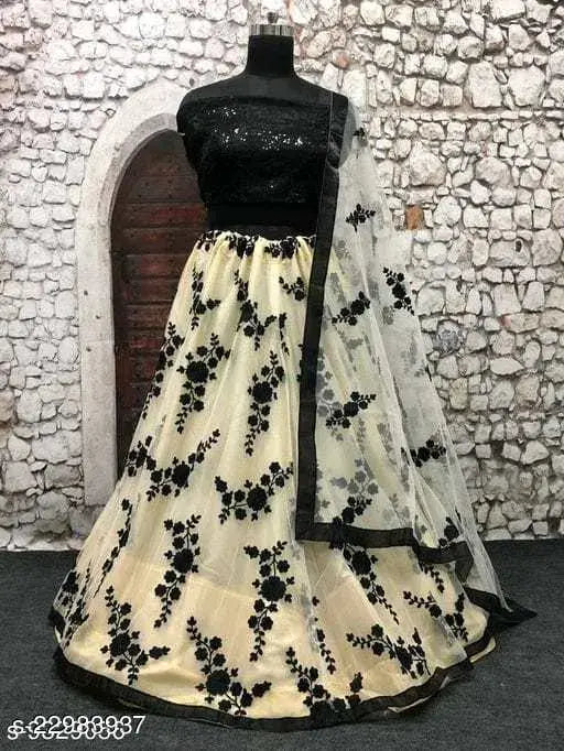 Satin-net Banita Drishya Women's lehenga set with dupatta, semi-stitched (40in/44in/2.1in), Indian craftsmanship