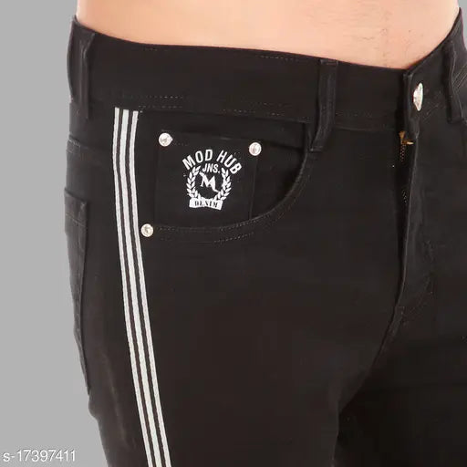 Black cotton blend striped men's denim jeans by ModHub - slim fit, full length, clean look