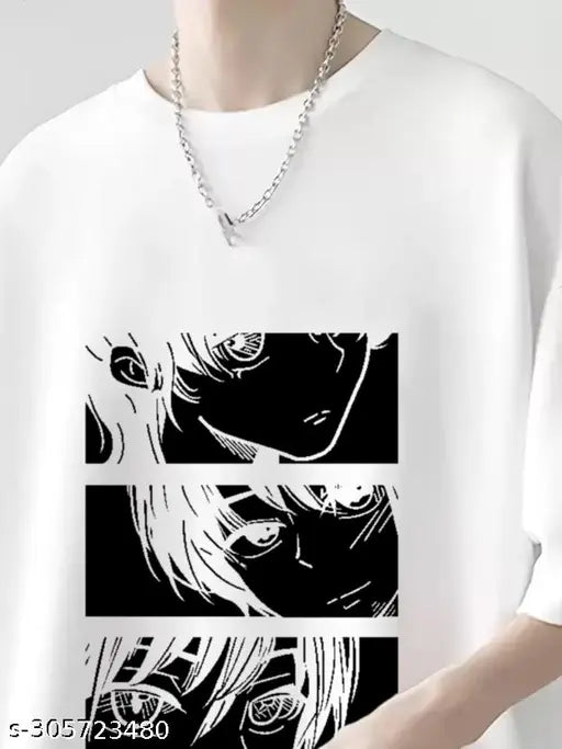 White 100% cotton oversized baggy fit anime print T-shirt, round neck, half sleeve - comfortable to wear
