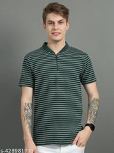 Black cotton striped polo t-shirt for men, short sleeves, horizontal stripes on collarless Henley neck design, size S-XXL, made in India