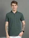 Black cotton striped polo t-shirt, men's horizontal stripes regular fit by UrGear. Short sleeves, Henley neck design. Available in S, M, L, XL, XXL sizes. Made in India