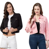 BlackPink solid denim combo jacket for women's and girls, long sleeve, denim fabric, versatile styling options, India origin