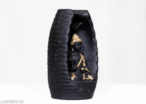 Intense smoke polyresin Buddha statue, 13cm tall, with 101 backflow cones, ceramic base. Indoor decor for living room or bedroom, handcrafted in India