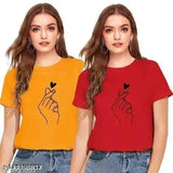 Red cotton chutki t-shirts pack of 2: red with mustard print, short sleeves, regular fit for women/girls