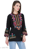Black crepe embroidered top for women, SAAKAA brand, three-quarter sleeves, XS to XXL sizes available