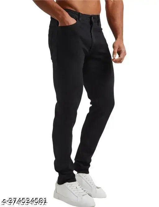 Stylish black denim jeans for men, stretchable with a solid pattern, available in sizes 26, 28, 30, and 32