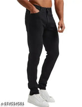 Stylish black denim jeans for men, stretchable with a solid pattern, available in sizes 26, 28, 30, and 32