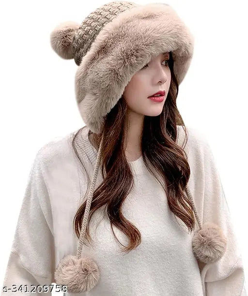 Beige self-design woolen winter beanie hat set with face cover, thick fleece lined scarf and neck warmer. Perfect for cold weather activities like skiing or hiking